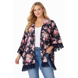 Daniel Rainn Floral Kimono Cardigan Fringe Boho Open Front Black Pink 0X 1X